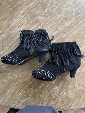 Kid's Black Suede Fringe Ankle Boots with Studded Toe